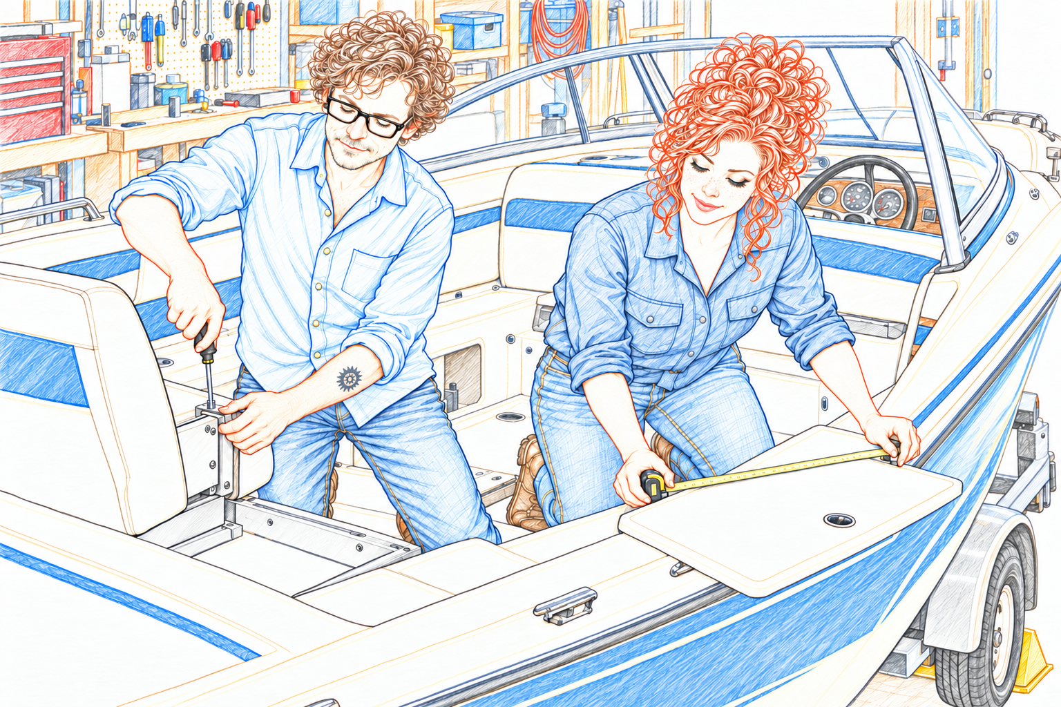 Colored-pencil sketch of Dan and Sally working inside a boat