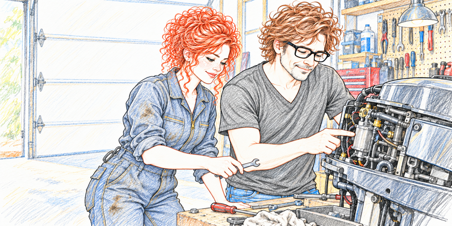 Pencil sketch of Dan and Sally working together on an outboard motor