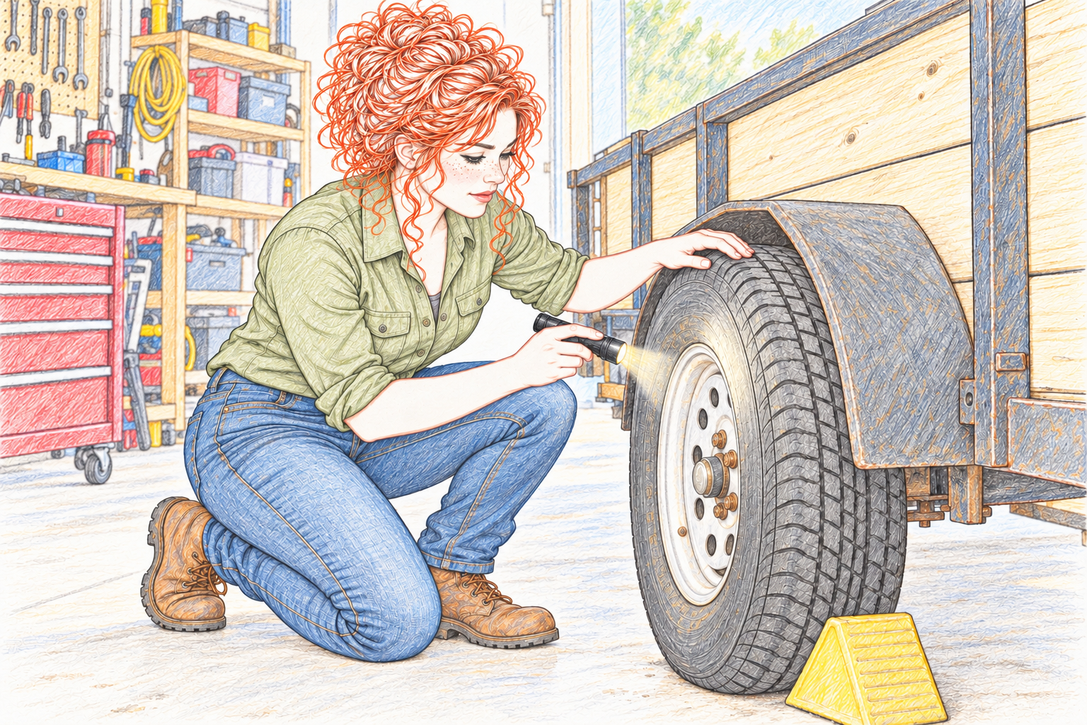 Colored-pencil sketch of Sally inspecting a trailer wheel