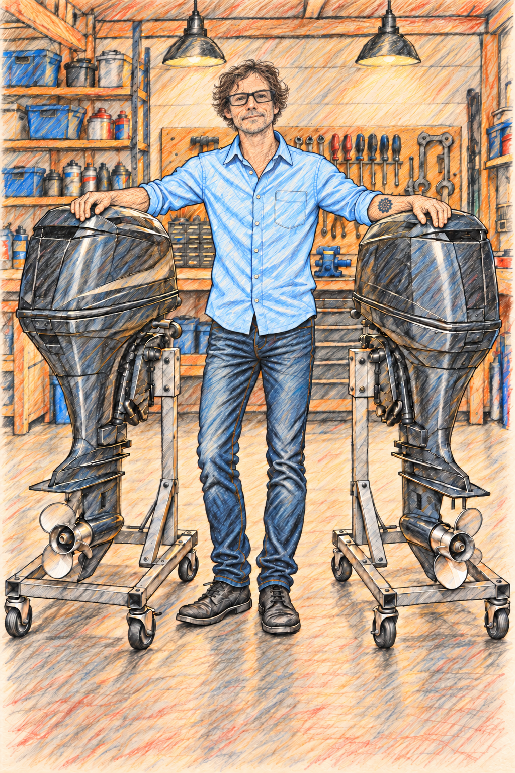 Sketch of Dan standing between two motors on stands, with a hand on each