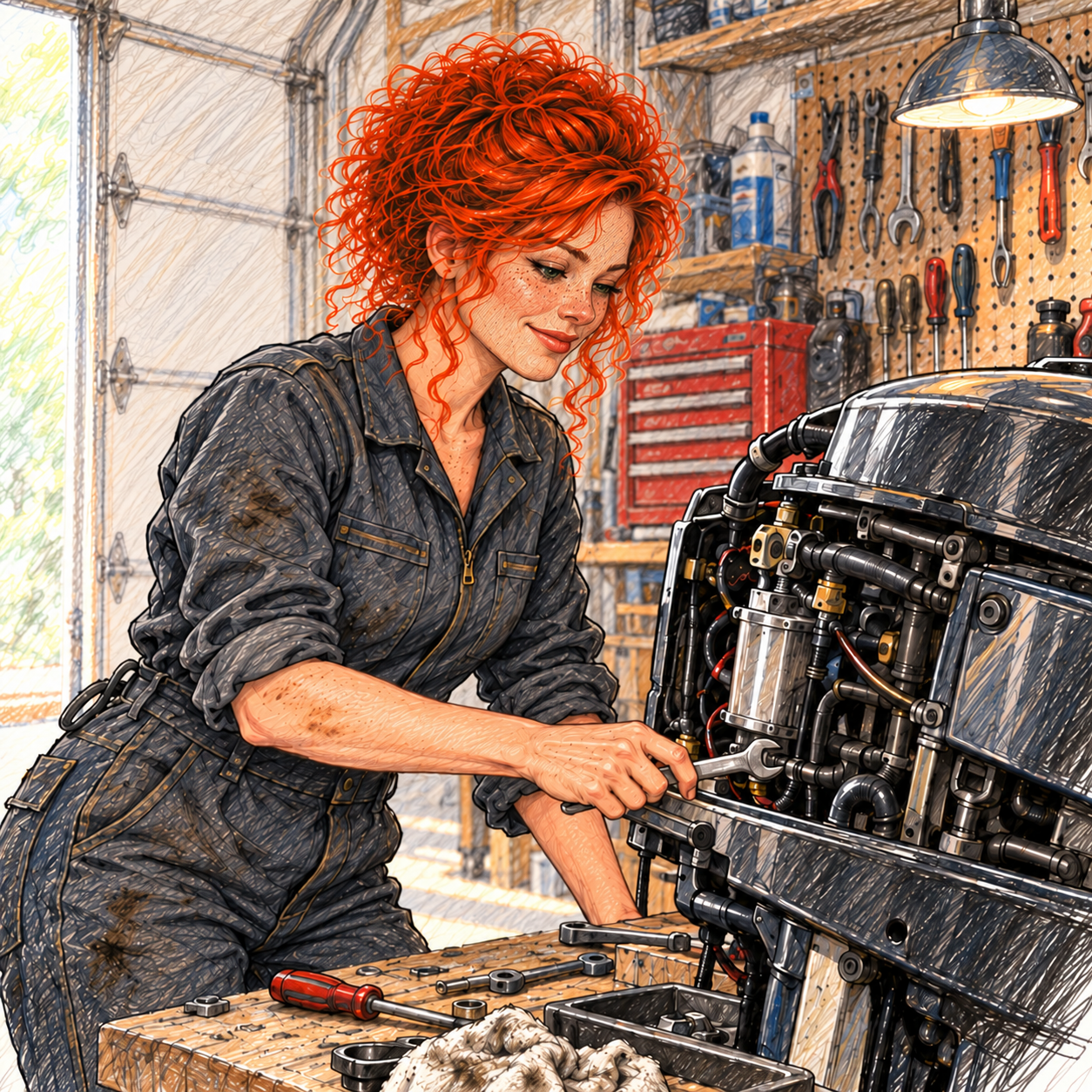 Sketch of Sally working on a motor