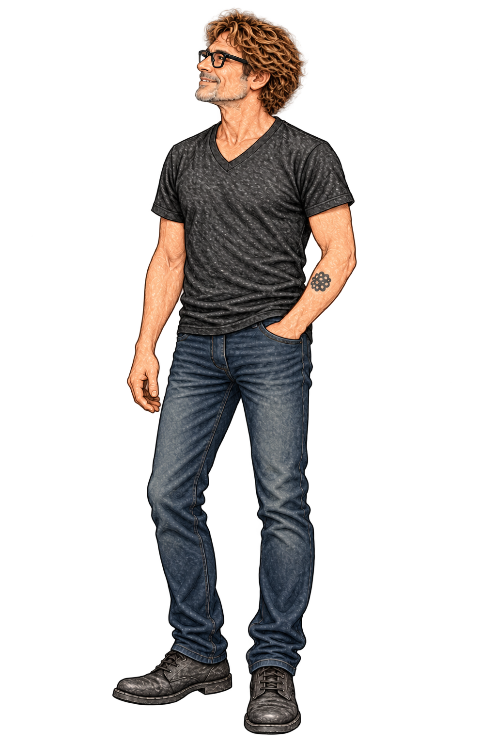 Full-body sketch of Dan, standing and looking to the left