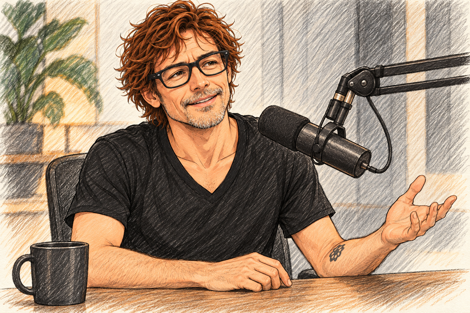Sketch of Dan speaking at a podcast microphone
